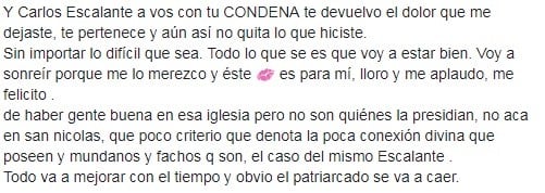 Fragmento del descargo que Johanna hizo en Facebook. (Captura)