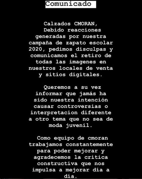 El comunicado de 'CMoran' tras retirar los anuncios.