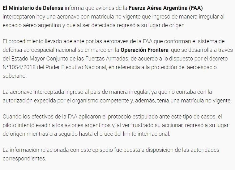 Comunicado del Ministerio de Defensa sobre la persecución a una avioneta ilegal en territorio argentino. Fuente: Ministerio de Defensa de la Nación.