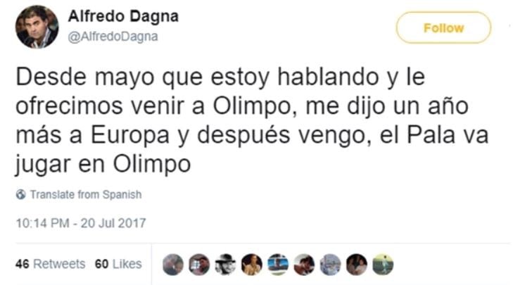 Palacio tendría pensado retirarse en Olimpo.