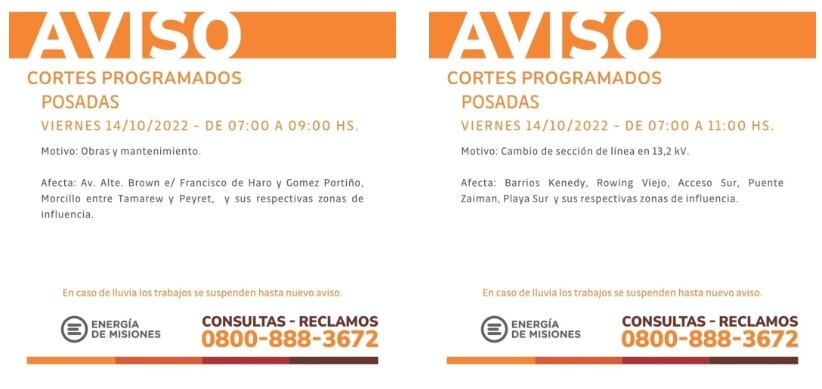 Energía de Misiones anuncia cortes programados para varias localidades de Misiones.