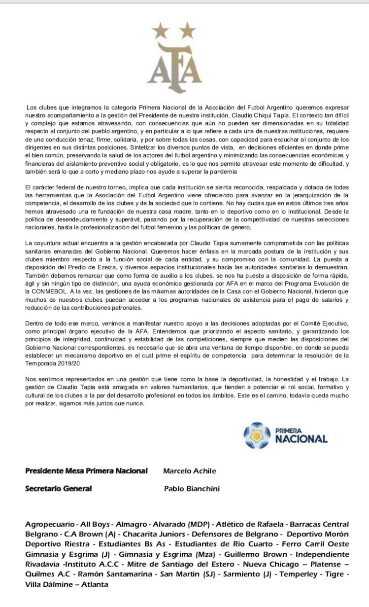 Comunicado oficial de AFA.