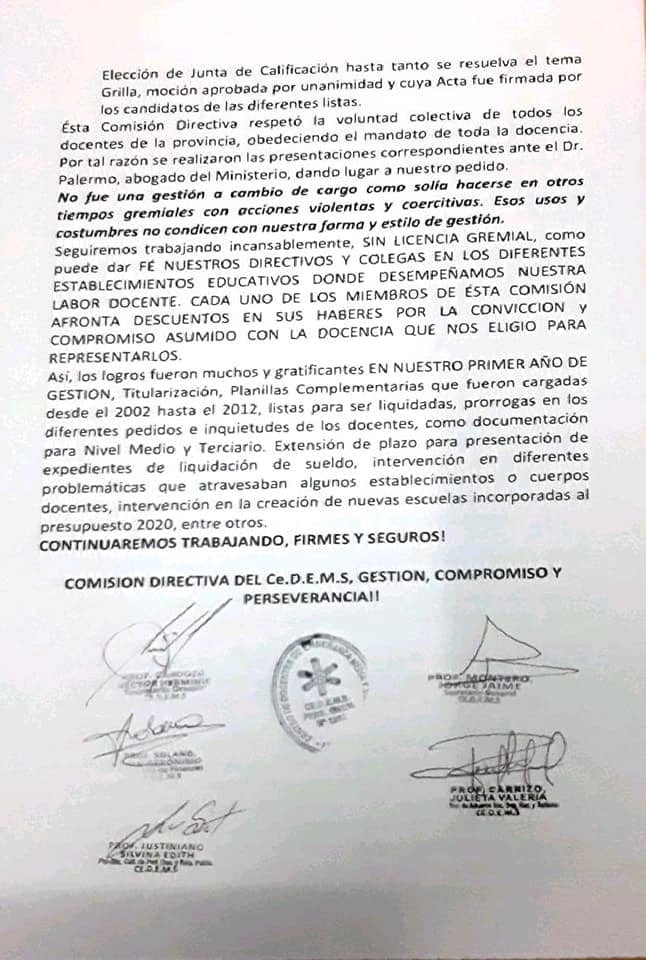 La conducción del CEDEMS emitió un informe sobre sus objeciones al llamado a  a elección de miembros de la Junta de Calificación docente.