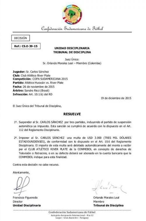 Carlos Sánchez fue sancionado por tres fechas por la roja que vio en el partido entre Huracán y River.