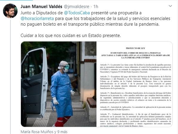 Proponen transporte gratuito para quienes trabajan en la contención del coronavirus.