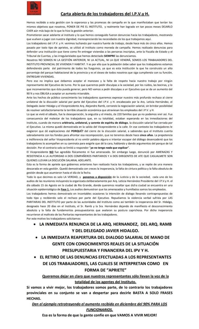 Carta abierta empleados IPV y H