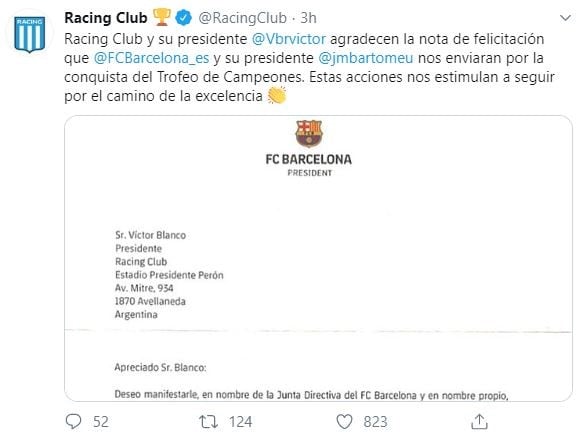 Barcelona felicitó a Racing por la conquista del Trofeo de Campeones. (Twitter/@RacingClub)