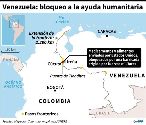 El Puente de Tienditas permanece bloqueada por militares para que no ingrese la ayuda humanitaria enviada por EEUU. (AFP)