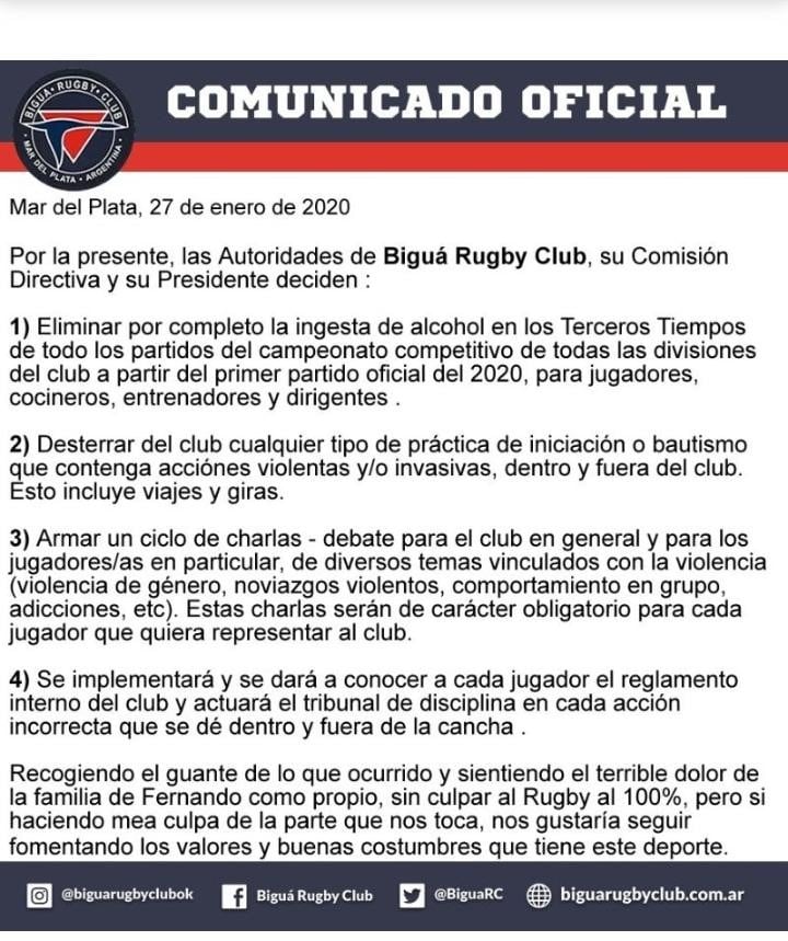 Comunicado de Biguá de Mar del Plata