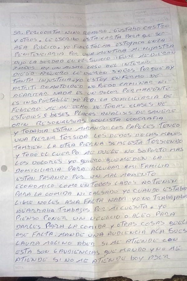 Carta del interno Fidel Talma