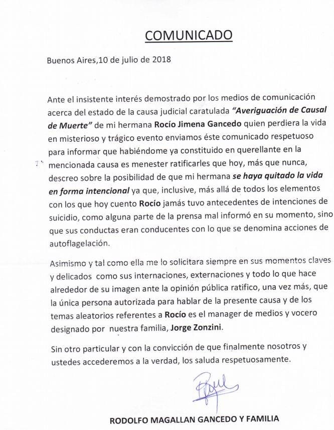 Comunicado de la familia de Rocío Gancedo