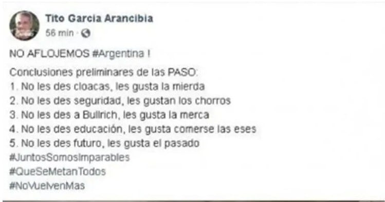 La publicación de García que causó rechazo.