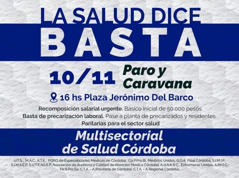 "La salud dice basta", paro y caravana pautada para el próximo 10 de noviembre por la tarde.