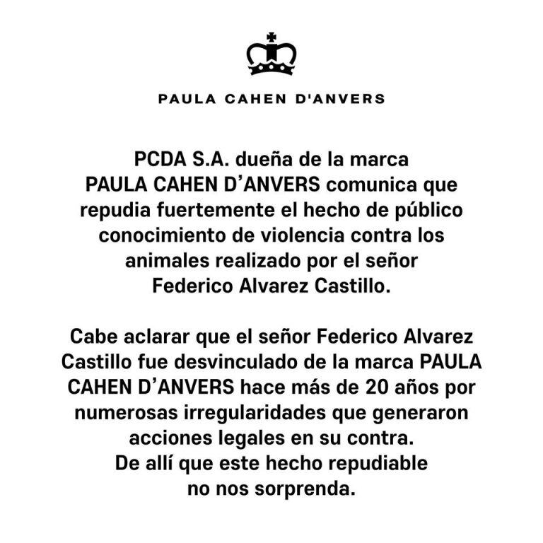 La marca Paula Cahen D´Anvers emitió un mensaje por el animal lanzado desde un helicóptero