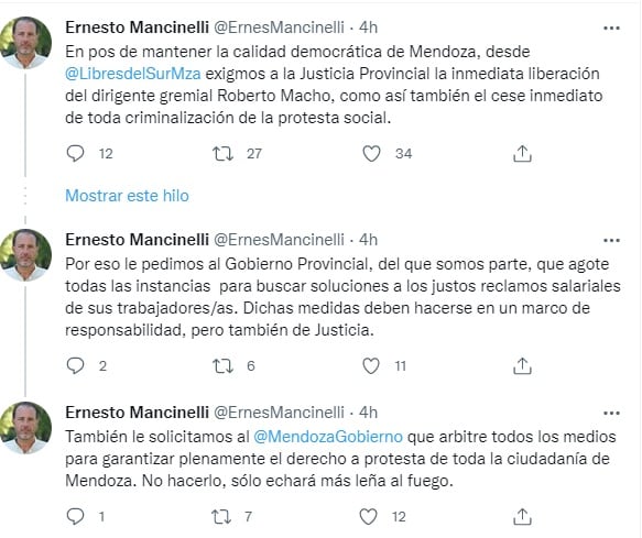 Ernesto Mancinelli se expresó en las redes