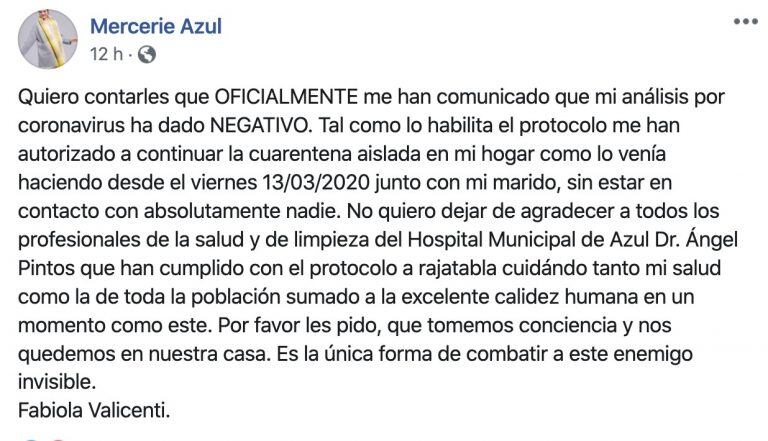 El mensaje de Fabiola Valicenti en Facebook.