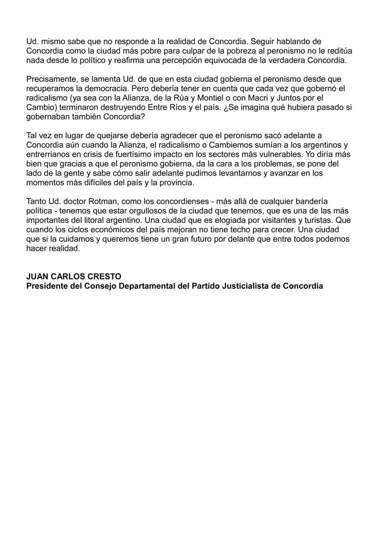 Carta Abierta de Enrique Cresto a Alberto Rotman.