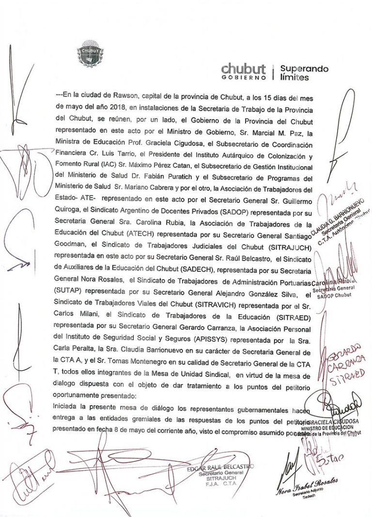 Acta firmada por el Gobierno y los gremios estatales.