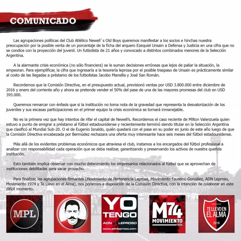 Comunicado de agrupaciones opositoras de Newell's por la venta de Ezequiel Unsain.