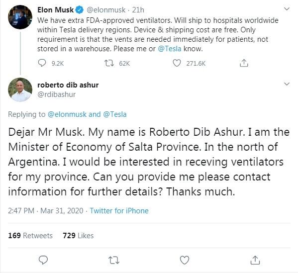 Dib Ashur pidió respiradores a Elon Musk por Twitter. (Twitter)