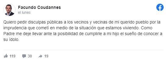 El mensaje de Facundo Coudannes en Facebook.