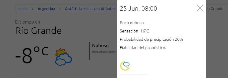 Registro a las 8 am 25/06/2020, Río Grande con -16º C.