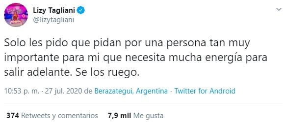 El mensaje de Lizy Tagliani en Twitter poco antes de la muerte de Floppy (Twitter/@lizytagliani)