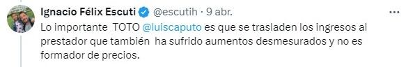 El comentario de Escuti hacia el gobierno en su cuenta de X.