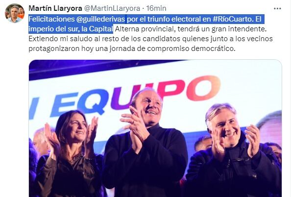 El gobernador Martín Llaryora, en el palco ganador en Río Cuarto.