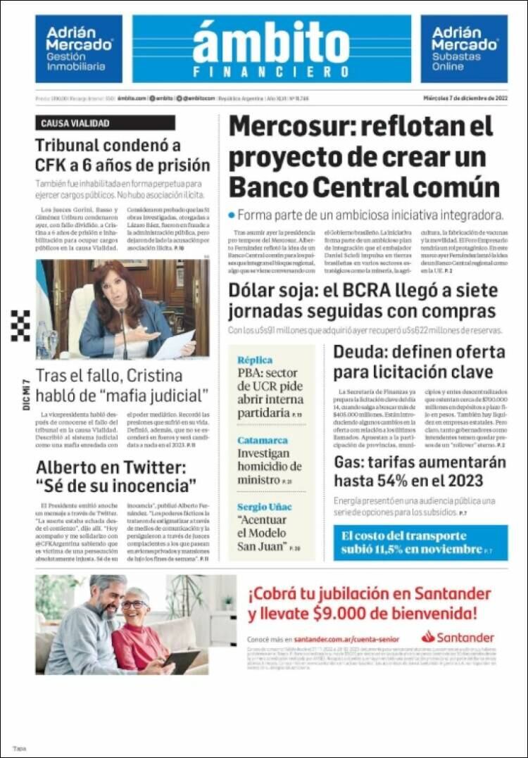 Condena a Cristina Kirchner. Las tapas de los diarios.