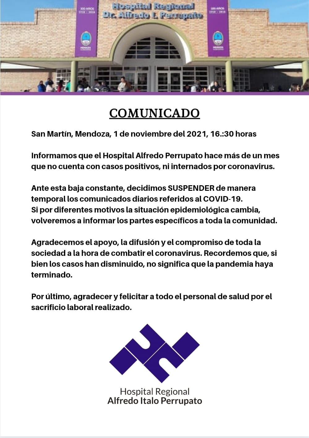 Comunicado del hospital Perrupato sobre el Covid.