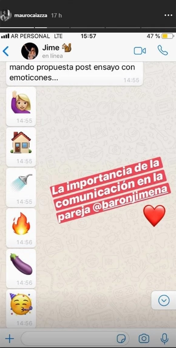 El mensaje de Jimena Barón a Mauro Caiazza (Instagram).