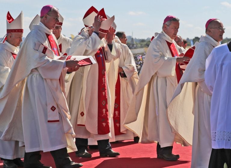 Bishop Juan Barros, second from right, arrives to attend a Mass celebrated by Pope Francis at the Maquehue Air Base in Temuco, Chile, Wednesday, Jan. 17, 2018. Many Chileans are furious over Francis’ 2015 decision to appoint Barros, a bishop close to the Rev. Fernando Karadima, who the Vatican found guilty in 2011 of abusing dozens of minors over decades. Barros has always denied he knew what Karadima was doing when he was the priest’s protege, a position that many Chileans have a hard time believing. (AP Photo/Alessandra Tarantino)