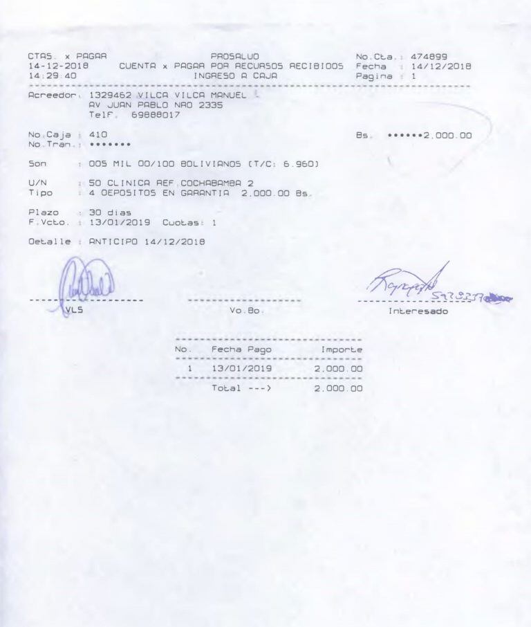 Comprobante de pago de Vilca durante su interacion en Bolivia.