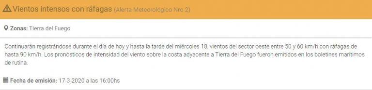 Alerta 17 de marzo por fuertes vientos en Tierra del Fuego.