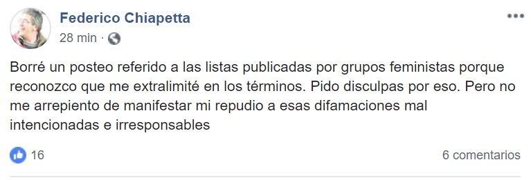 Posteo de Federico Chiapetta con pedido de disculpas.