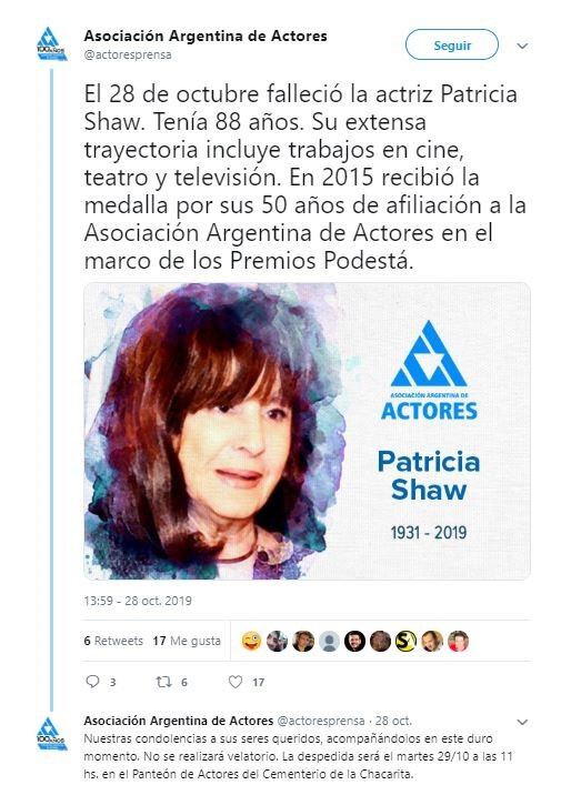 La Asociación Argentina de Actores anunció en Twitter el fallecimiento de Patricia Shaw (Foto: Captura Twitter)