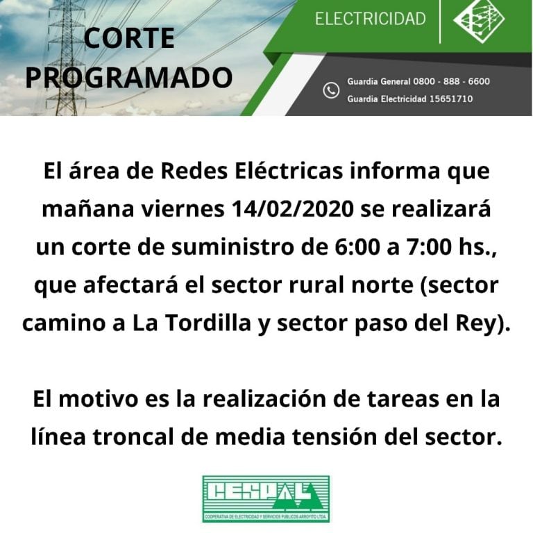 Corte de energia Cespal 14 de febrero