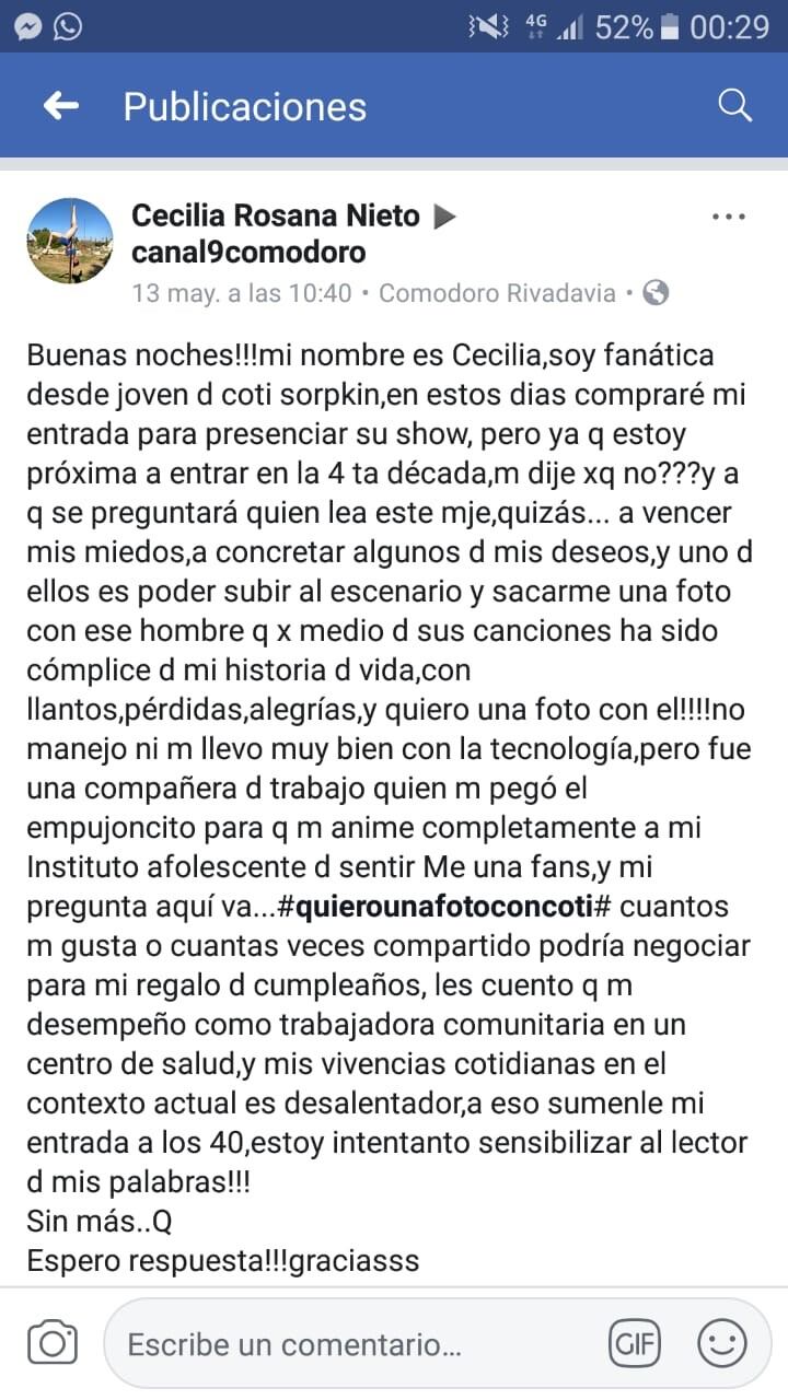 Cecilia Nieto explicó en redes los motivos ara conocer a Coti.