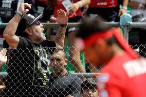 Former soccer star Diego Maradona cheers during the Davis Cup first round tennis match between Italy's Fabio Fognini and Argentina's Guido Pellain Buenos Aires, Argentina, Monday, Feb. 6, 2017.(AP Photo/Natacha Pisarenko)