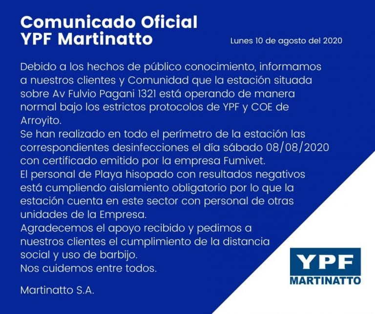 Comunicados Nomada e YPF casos negativos en Arroyito