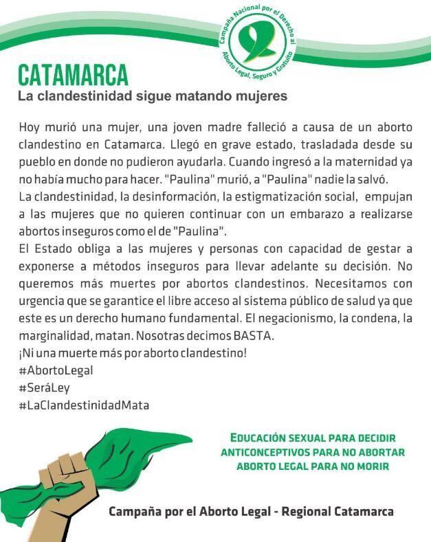 El comunicado que difundió la organización Campaña por el Aborto Legal, Seguro y Gratuito.