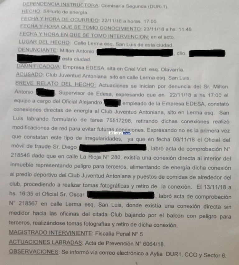 La denuncia radicada e la Ficalía Penal Nº5. (El Intra)