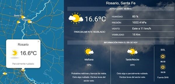 El clima para este domingo en la ciudad de Rosario. (SMN)