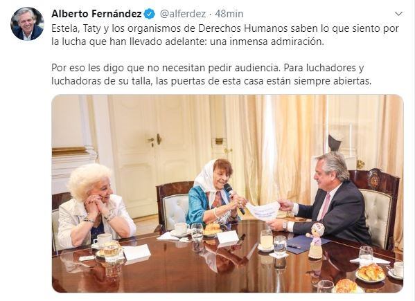 Alberto Fernández se reunió con representantes de organismos de derechos humanos. (Twitter @alferdez)