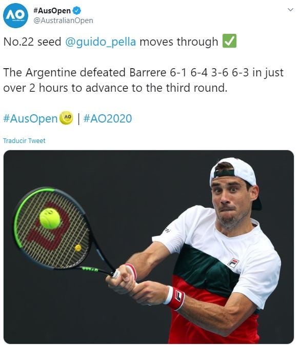 Guido Pella eliminó a Barrere (Foto: captura Twitter)