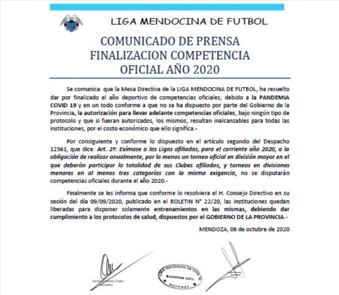 Comunicado de la liga Mendocina de Fútbol.