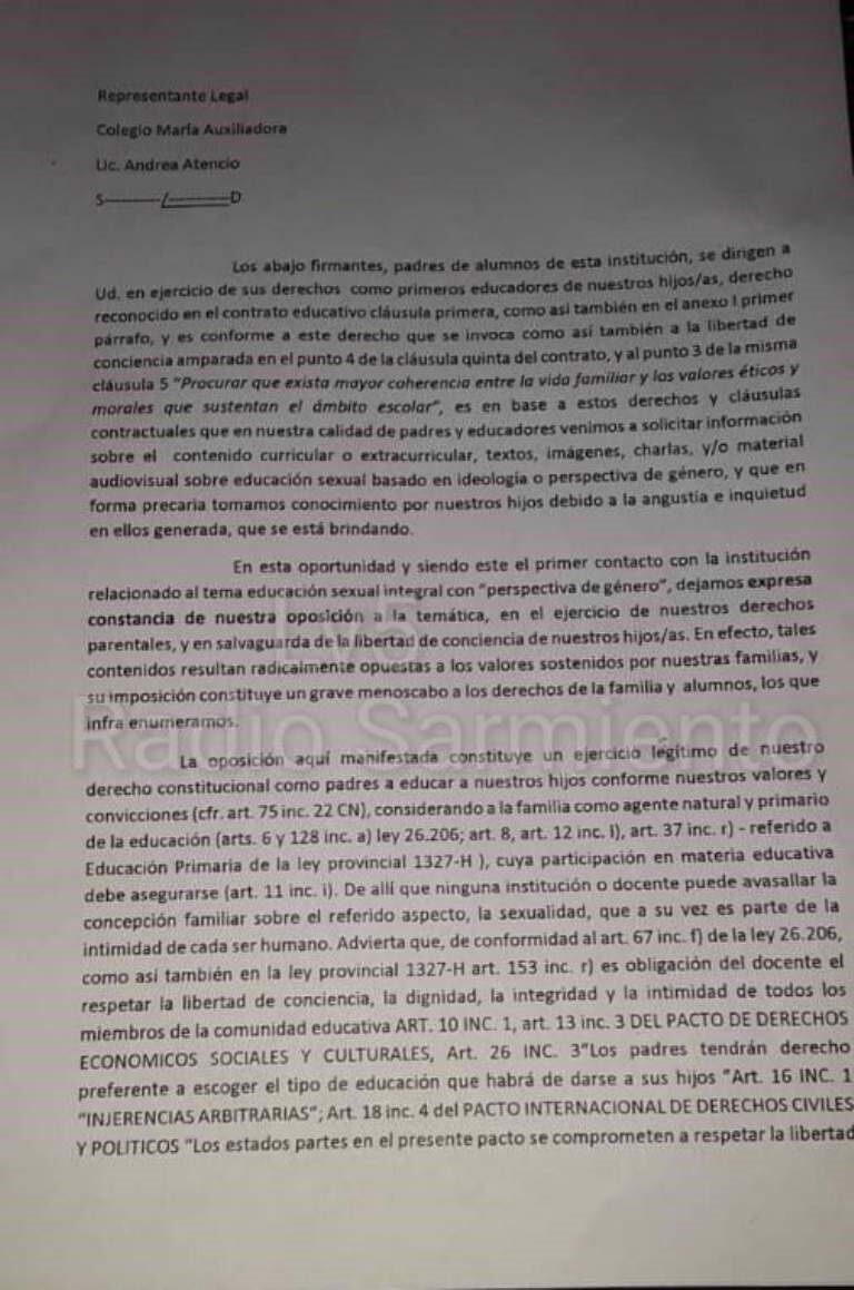 Los padres de la escuela sanjuanina presentaron una carta para quejarse.