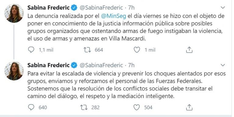 La ministra de Seguridad, Sabina Frederic, expuso los motivos de la denuncia a través de Twitter (web).