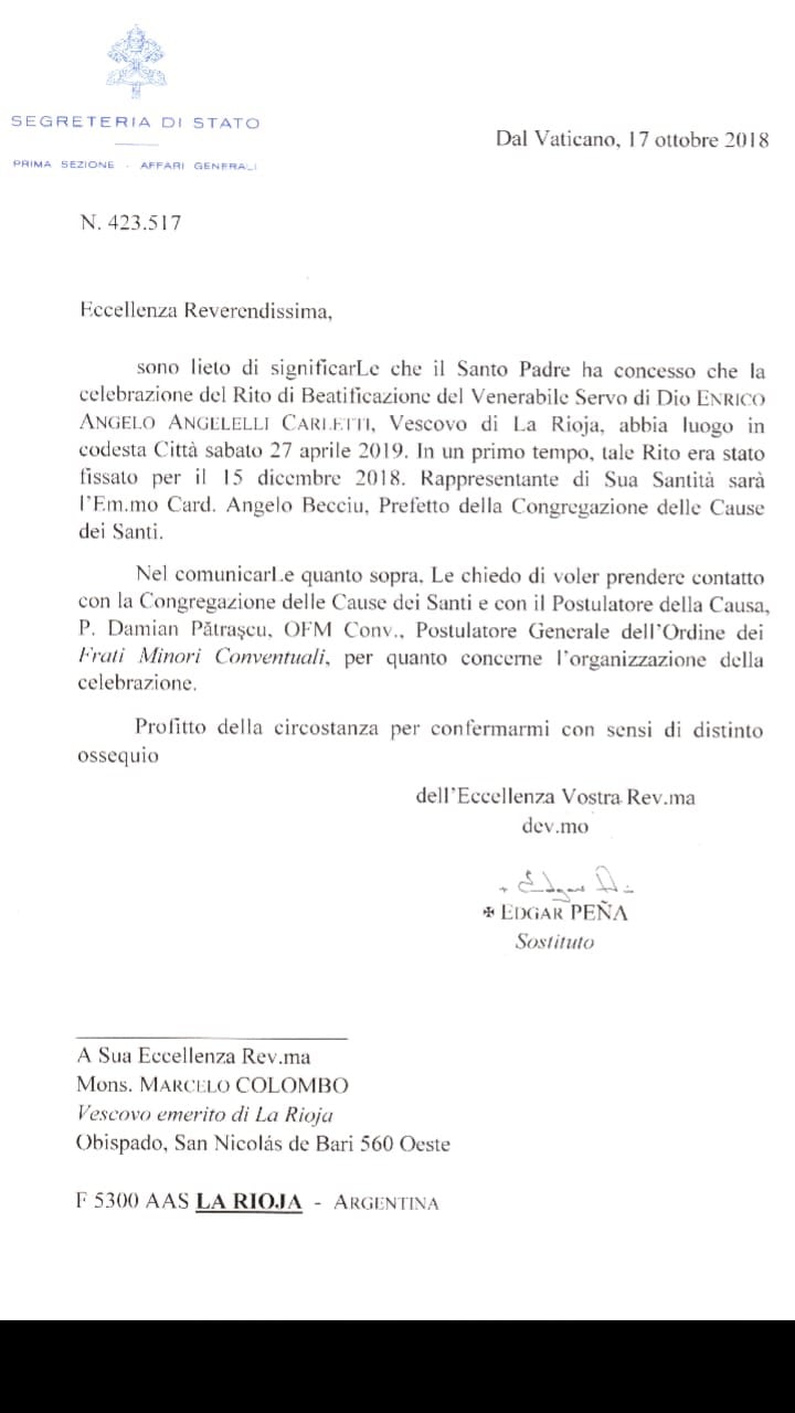 Comunicado oficial donde se confirma la fecha de la ceremonia religiosa